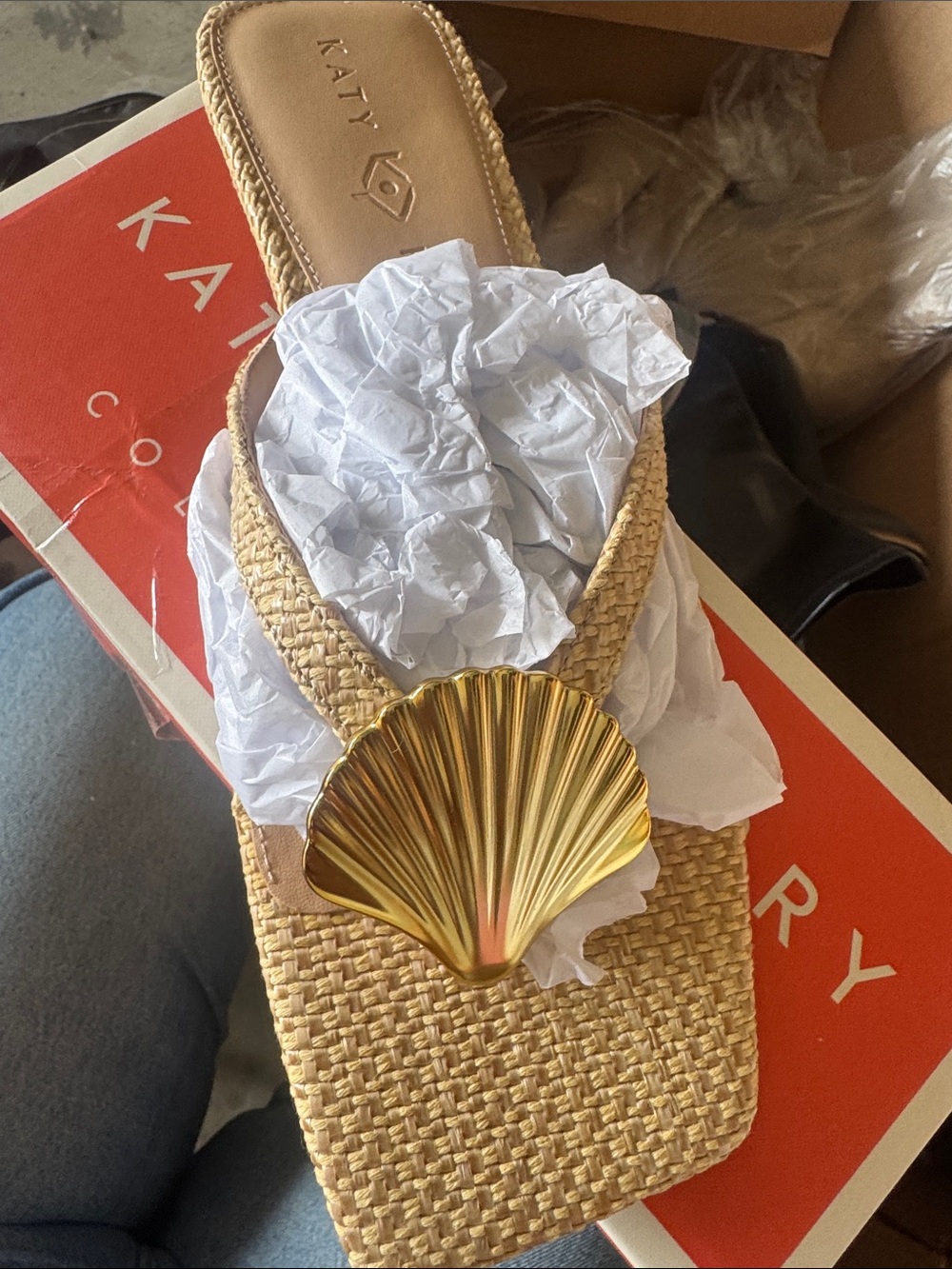 Katy Perry Collections Raffia Shell Toe-Post Sandals in Natural and Gold
